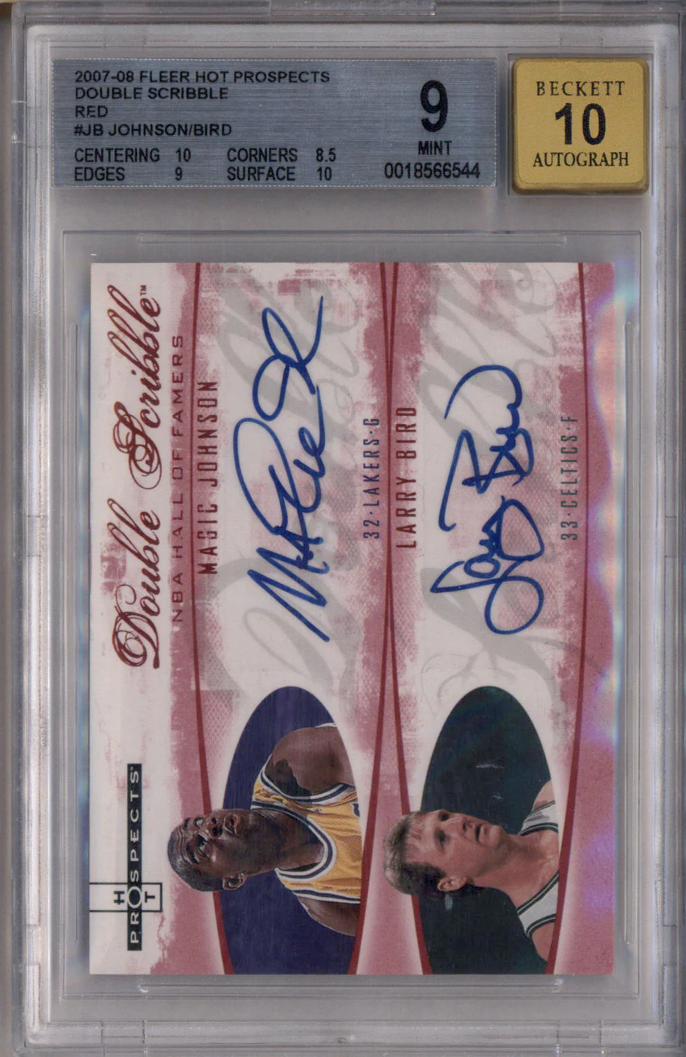 2007 Hot Prospects Double Scribble Red Auto Magic Johnson Larry Bird /5 BGS 9