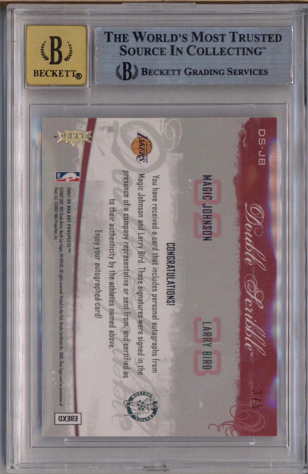 2007 Hot Prospects Double Scribble Red Auto Magic Johnson Larry Bird /5 BGS 9 - Image 2