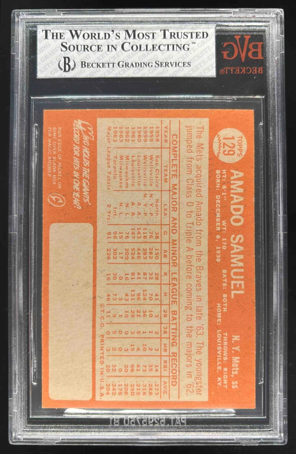 1964 Topps #129 Amado Samuel BGS 8 - Image 2
