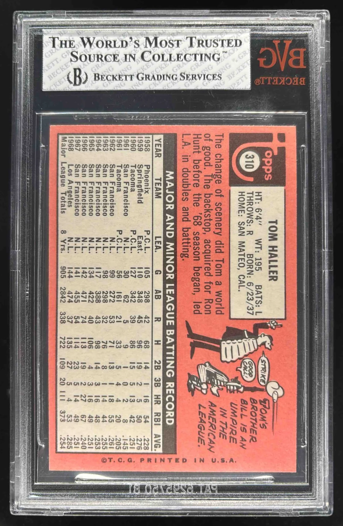 1969 Topps #310 Tom Haller BGS 8 - Image 2