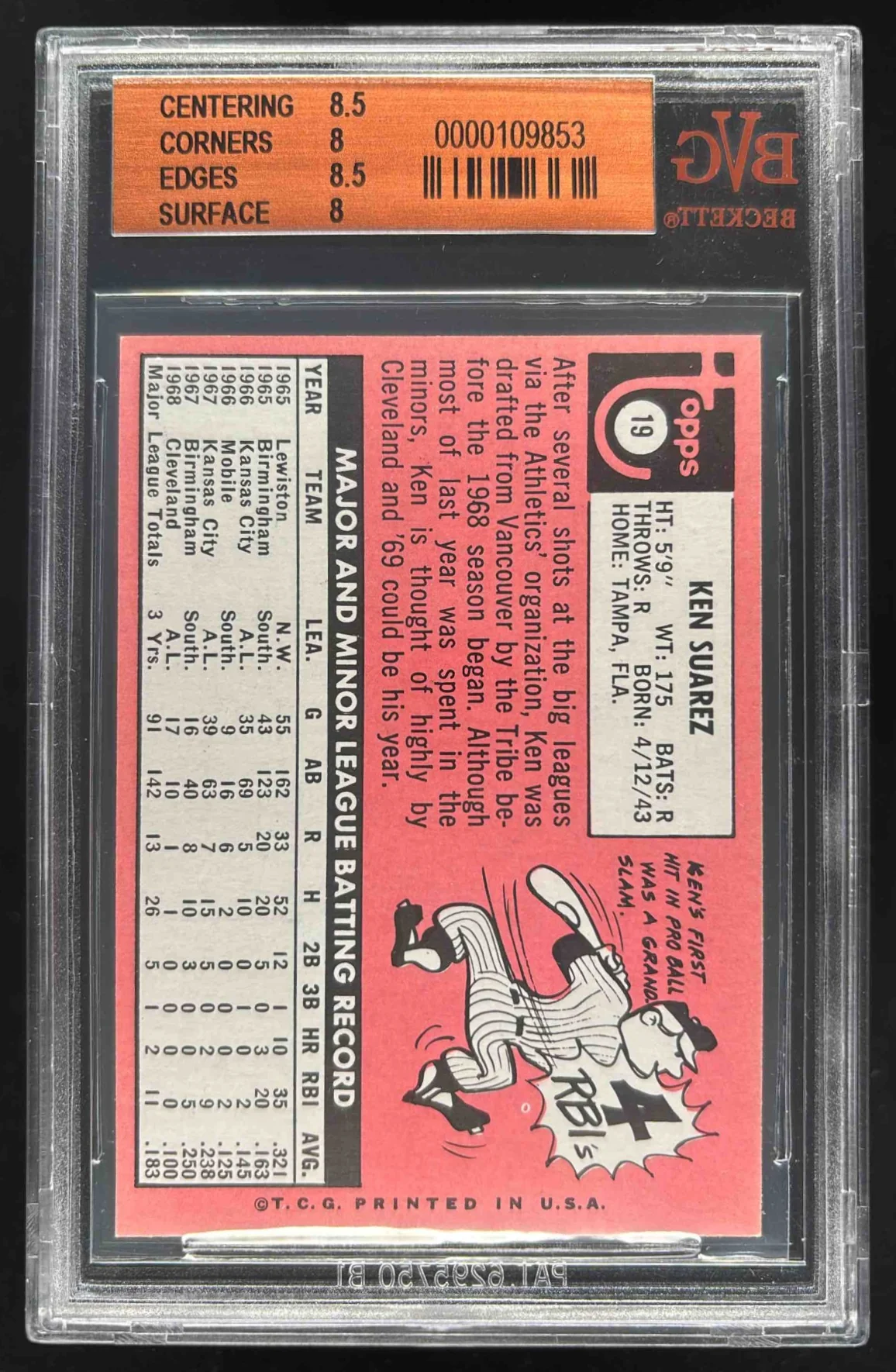 1969 Topps #19 Ken Suarez BGS 8 - Image 2