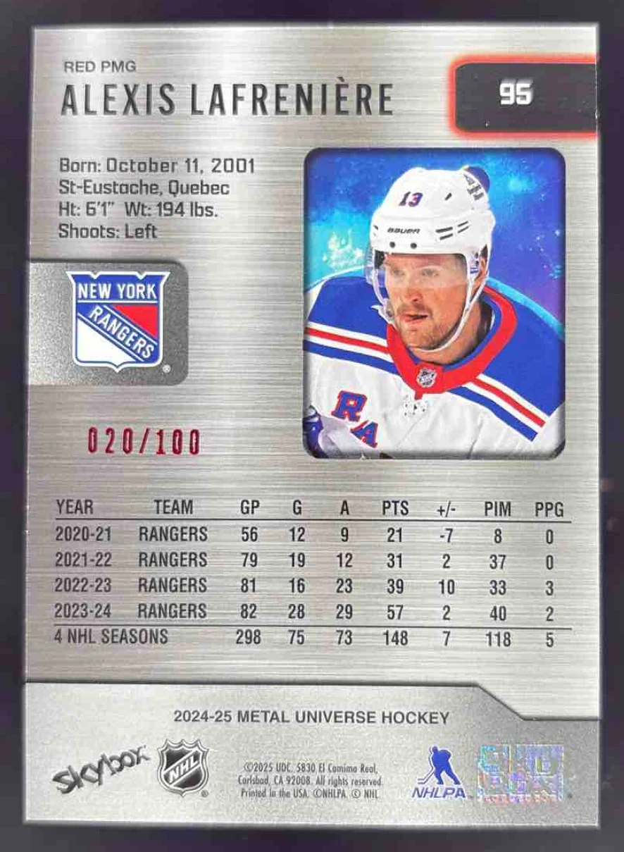 2024 Upper Deck Skybox Metal Universe Red Precious Gems Alexis Lafreniere /100 - Image 2