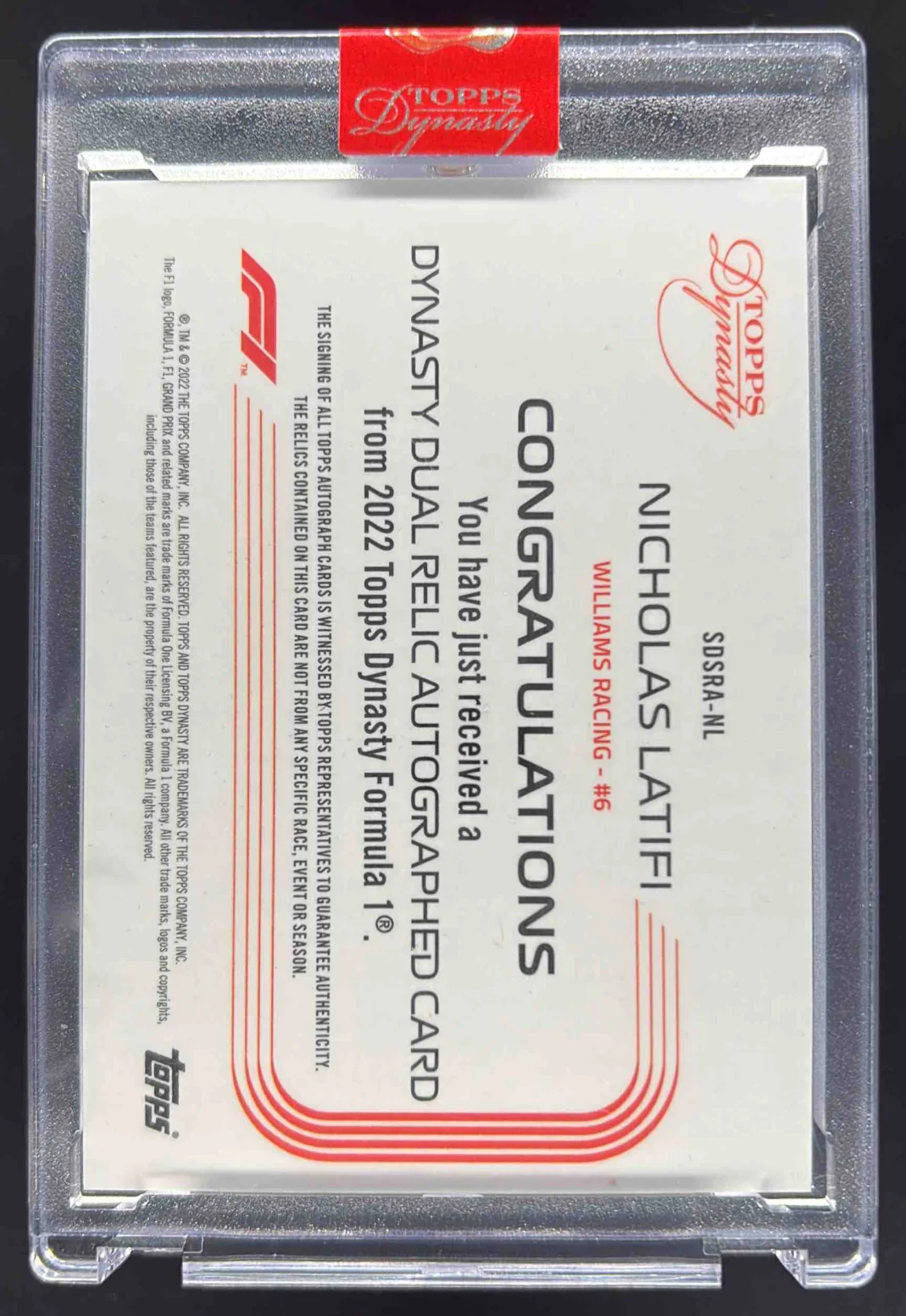 2022 Topps Dynasty Formula 1 Single Dual Relic Red Nicholas Latifi Auto /5 - Image 2
