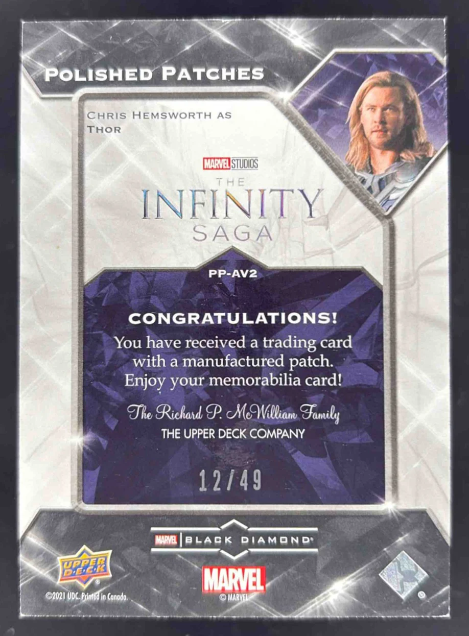 2021 UD Marvel Black Diamond Polished Patches Manufactured Chris Hemsworth /49 - Image 2