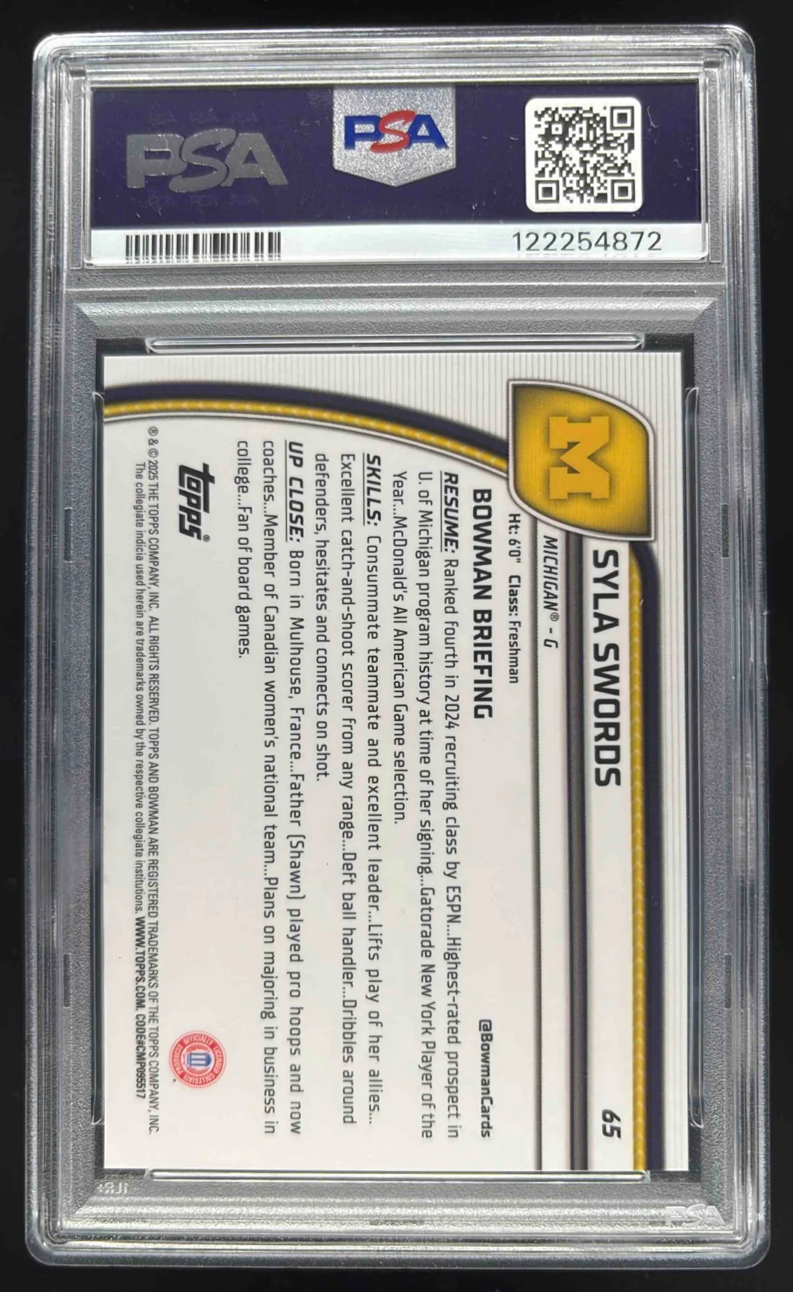 2024-25 Bowman University Chrome Gold Refractor #65 Syla Swords /50 PSA 7 - Image 2