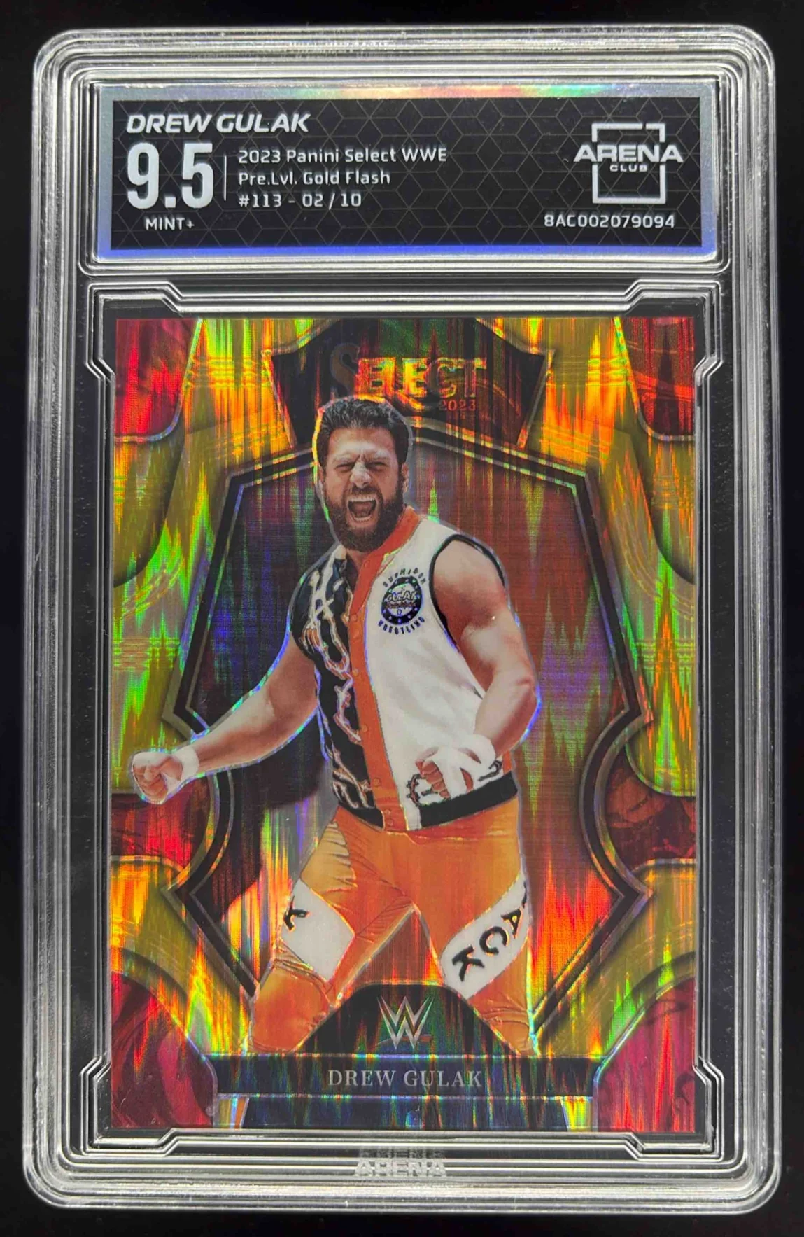 2023 Panini Select WWE Gold Flash Prizms #113 Drew Gulak Premier /10 Arena 9.5
