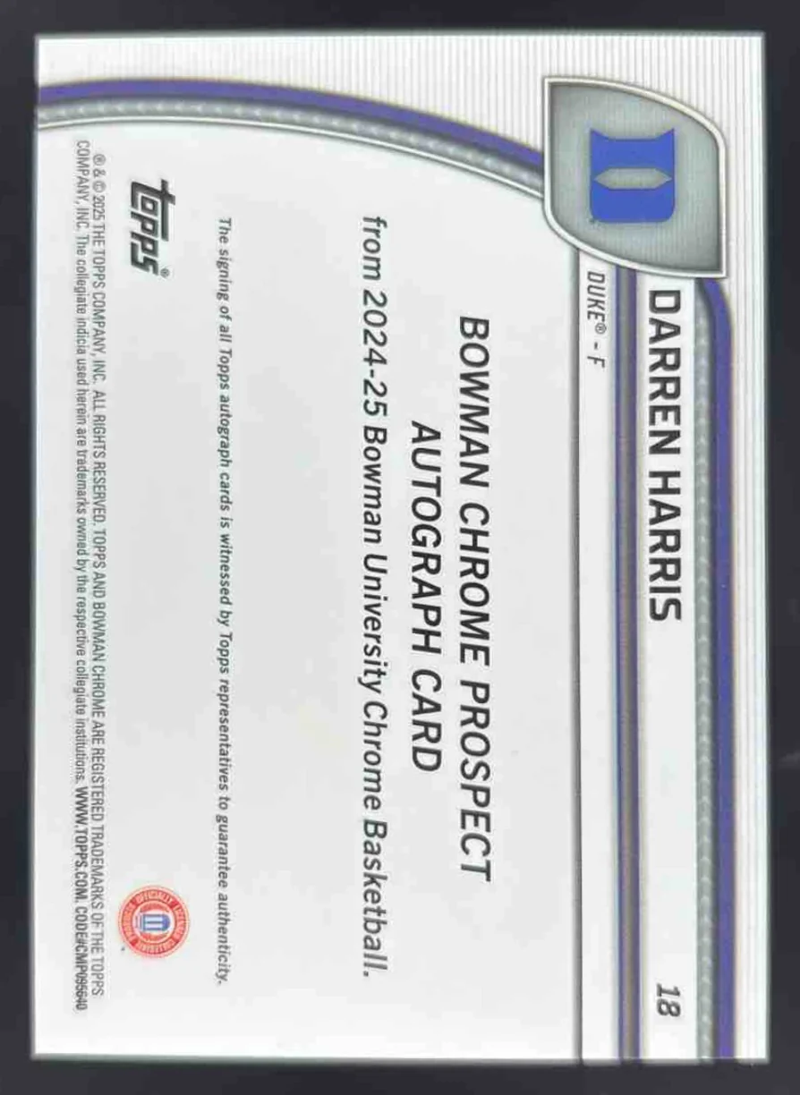 2024 Bowman University Chrome Prospect Black Wave Refractor Darren Harris Auto - Image 2