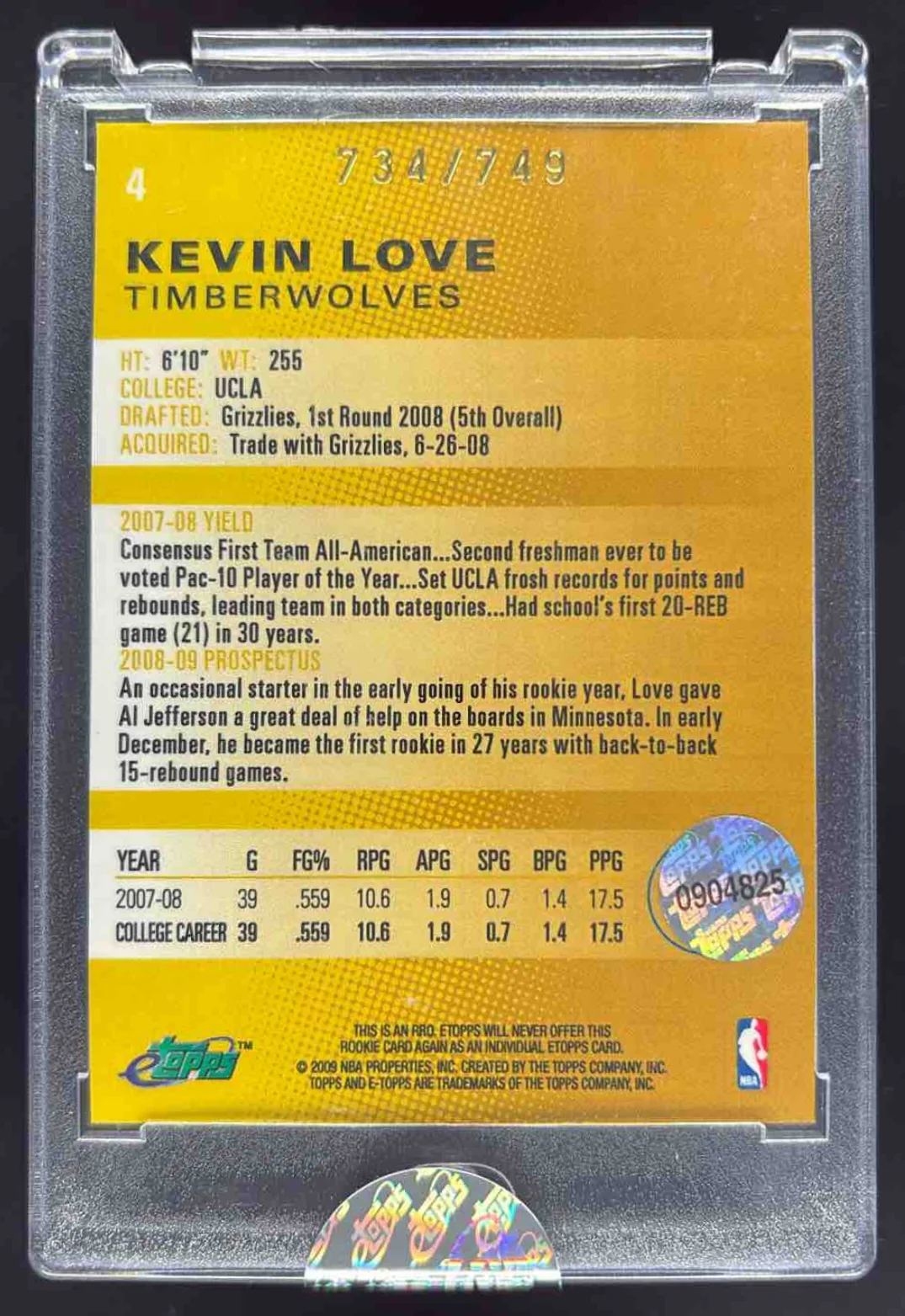 2008-09 Topps eTopps #4 Kevin Love RC /749 - Image 2