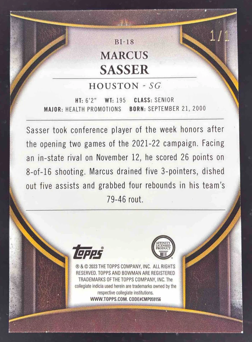 2022-23 Bowman Chrome University Invicta SuperFractor #BI-18 Marcus Sasser 1/1 - Image 2