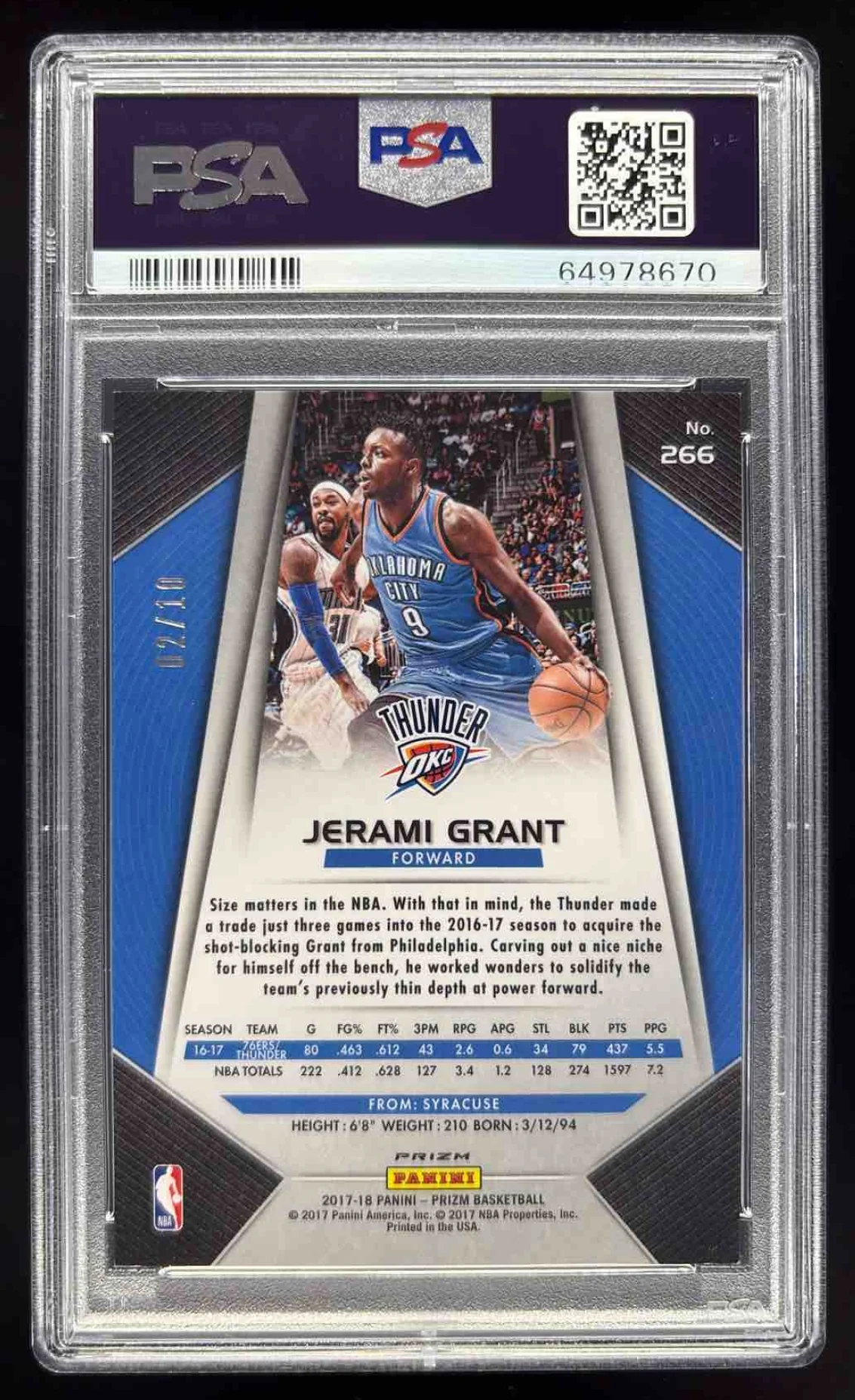 2017-18 Panini Prizm Prizms Gold #266 Jerami Grant /10 PSA 9 - Image 2