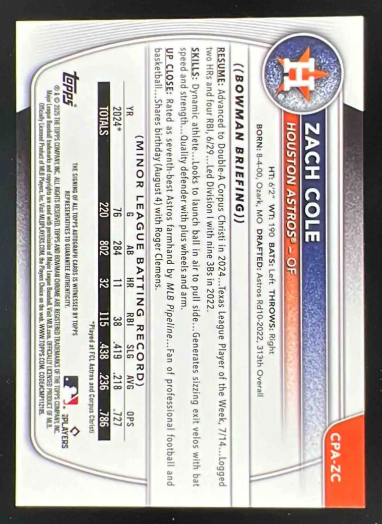 2025 Bowman Chrome Autograph Mini Diamonds Refractor #ZC Zach Cole RC Auto /100 - Image 2
