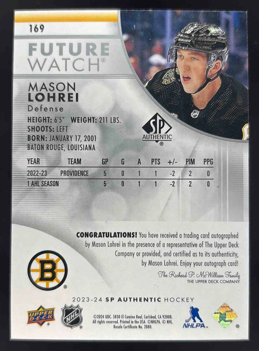 2023-24 SP Authentic #169 Mason Lohrei RC Future Watch /999 - Image 2