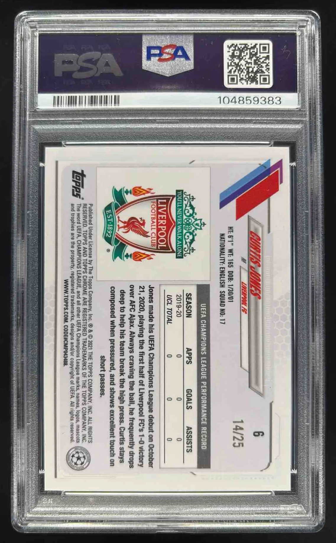 2020-21 Topps Chrome UEFA Champions League Orange #6 Curtis Jones RC /25 PSA 8 - Image 2