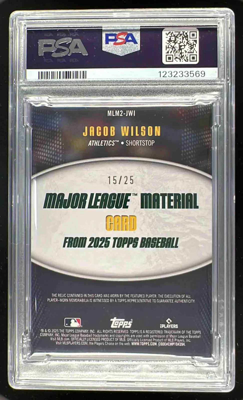 2025 Topps Major League Material Relics Orange #JWI Jacob Wilson RC /25 PSA 8 - Image 2