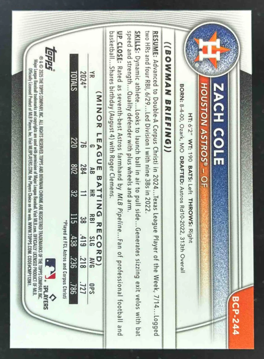 2025 Bowman Chrome Prospects Gold Wave Refractor #BCP-244 Zach Cole RC /50 - Image 2