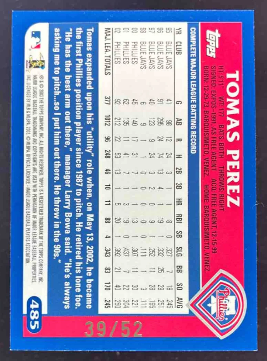 2003 Topps Black #485 Tomas Perez /52 - Image 2