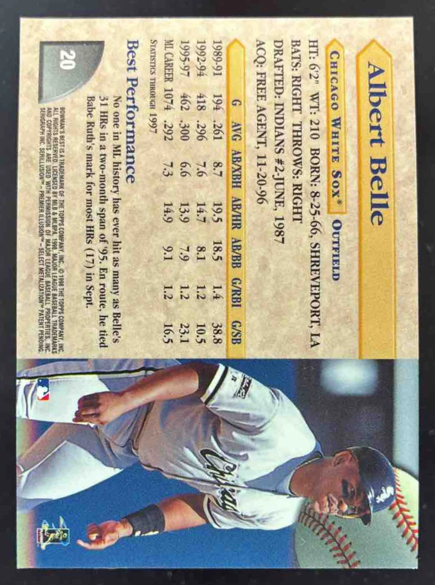 1998 Bowman Bowman's Best Certified Autographs #20 Albert Belle Autograph Auto - Image 2
