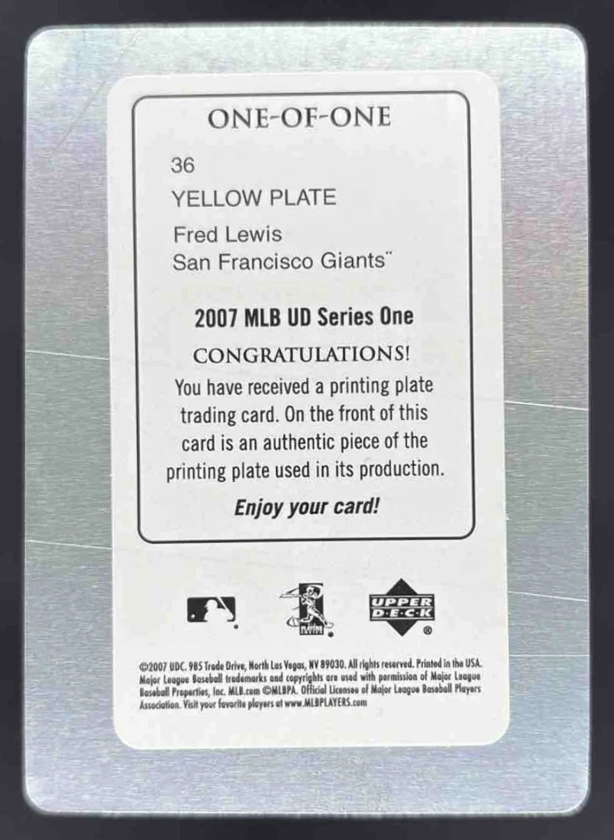2007 Upper Deck First Edition Printing Plates Yellow #36 Fred Lewis RC 1/1 - Image 2