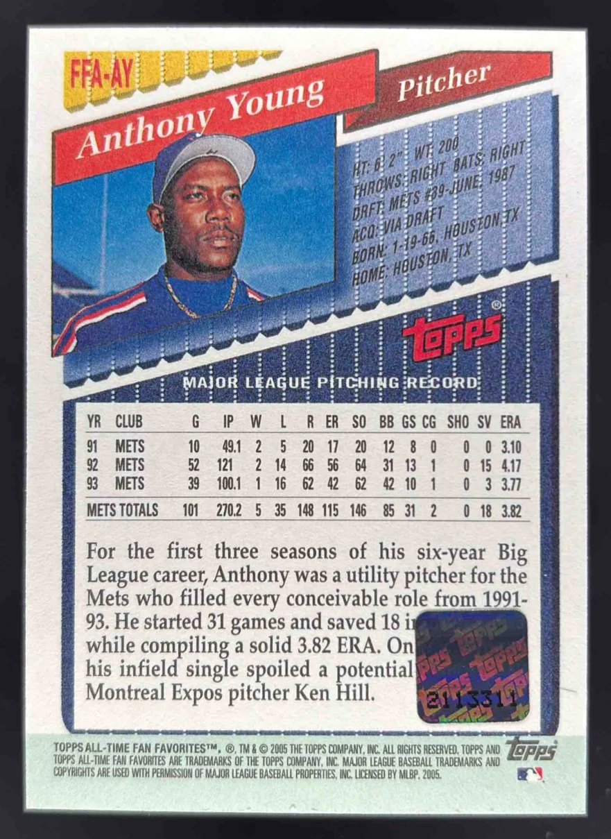 2005 Topps All-Time Fan Favorites Autographs #FFA-AY Anthony Young Auto - Image 2