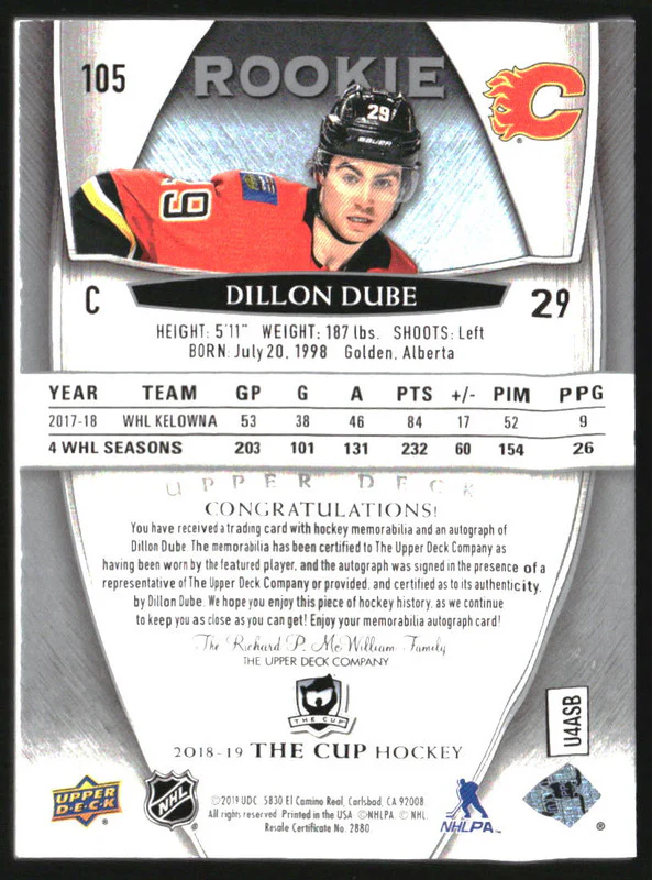 2018-19 The Cup #105 Dillon Dube Rookie Jersey Autograph RC Auto /249 - Image 2