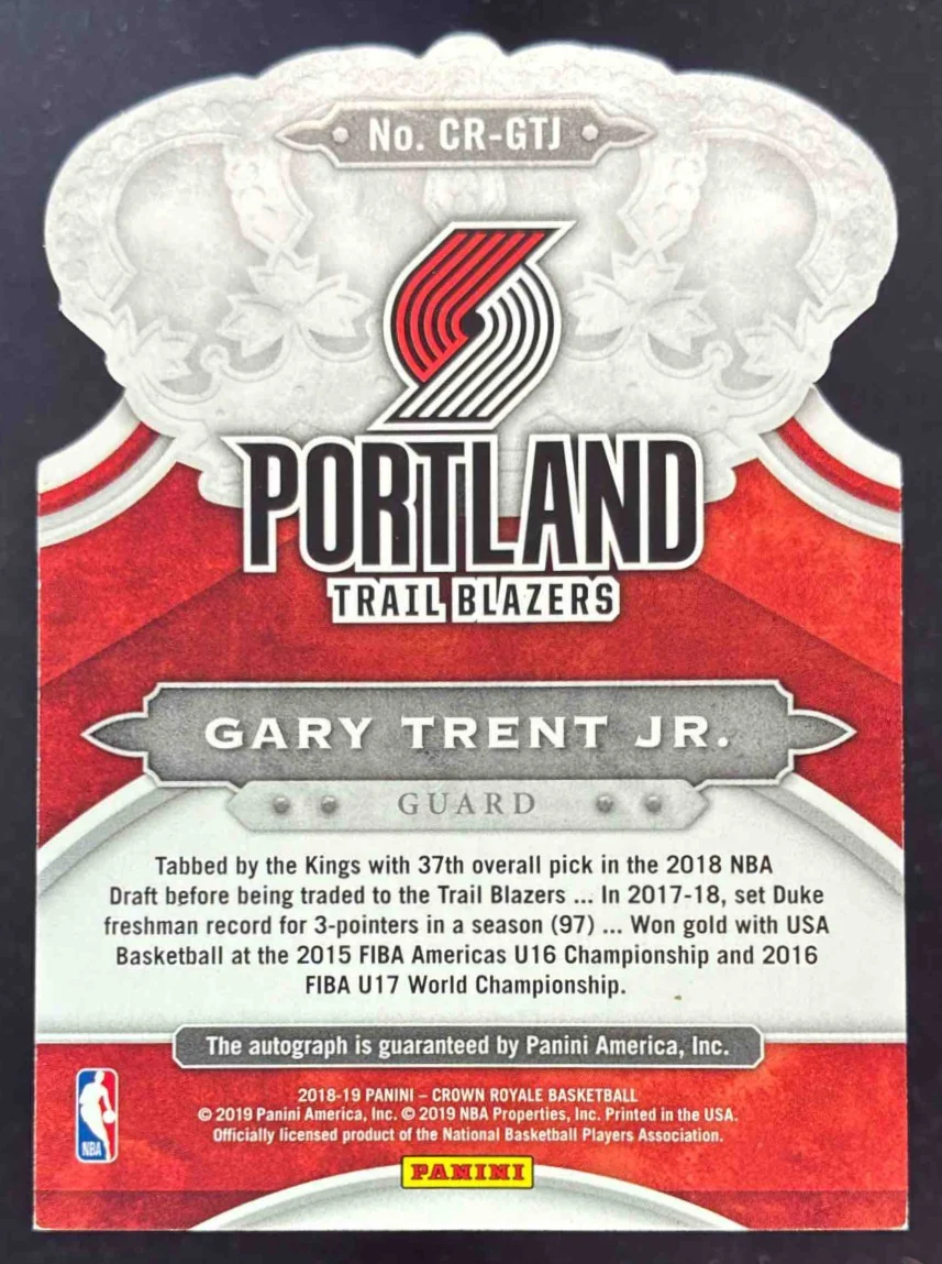 2018-19 Crown Royale Crown Rookies Gold #CR-GTJ Gary Trent Jr. RC Auto /10 - Image 2