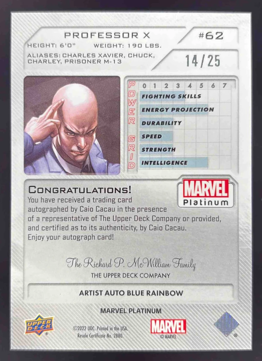 2023 Upper Deck Marvel Platinum Blue Rainbow Autographs #62 Professor X Auto /25 - Image 2