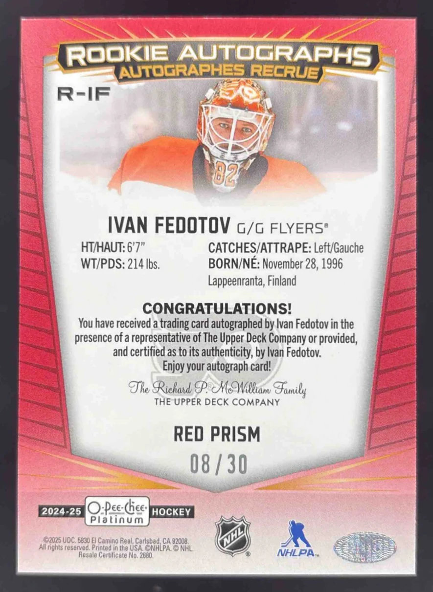 2024-25 O-Pee-Chee Platinum Rookie Auto Red #R-IF Ivan Fedotov RC /30 - Image 2