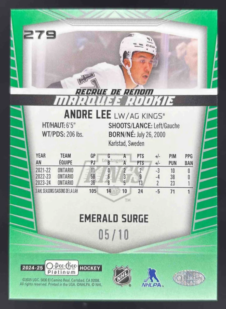 2024-25 O-Pee-Chee Platinum Emerald Surge #279 Andre Lee RC Marquee Rookie /10 - Image 2