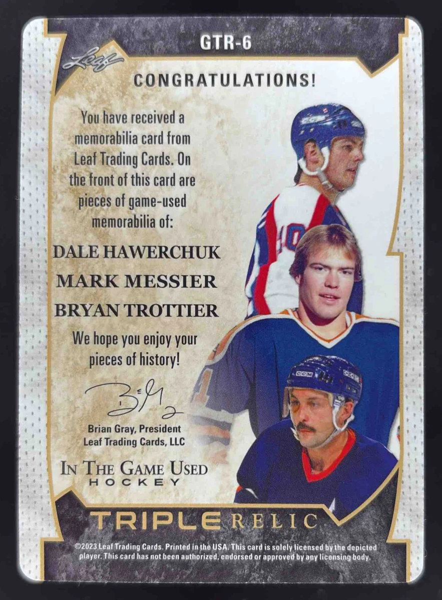 2023 Leaf Triple Relic Plate Black Dale Hawerchuk Mark Messier Trottier 1/1 - Image 2