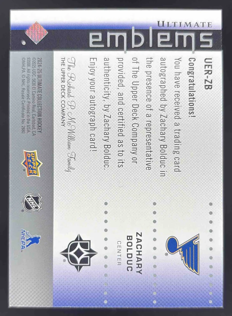 2024 Upper Deck Ultimate Collection Emblems Auto Rookies #UER-ZB Zachary Bolduc - Image 2