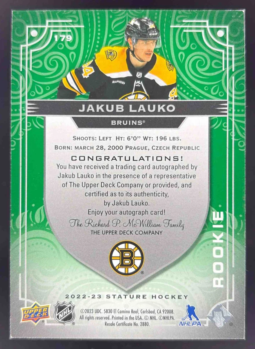 2024-25 Upper Deck Stature 2022-23 Update Green #179 Jakub Lauko Auto /65 - Image 2