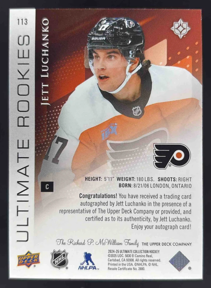 2024-25 Upper Deck Ultimate Collection #113 Jett Luchanko Autograph RC Auto /299 - Image 2