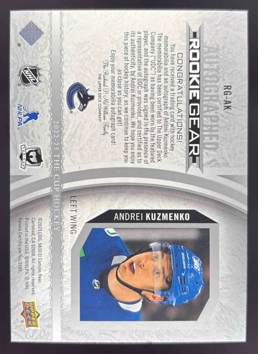 2023 Upper Deck The Cup Autographed Rookie Gear #RG-AK Andrei Kuzmenko Auto /24 - Image 2