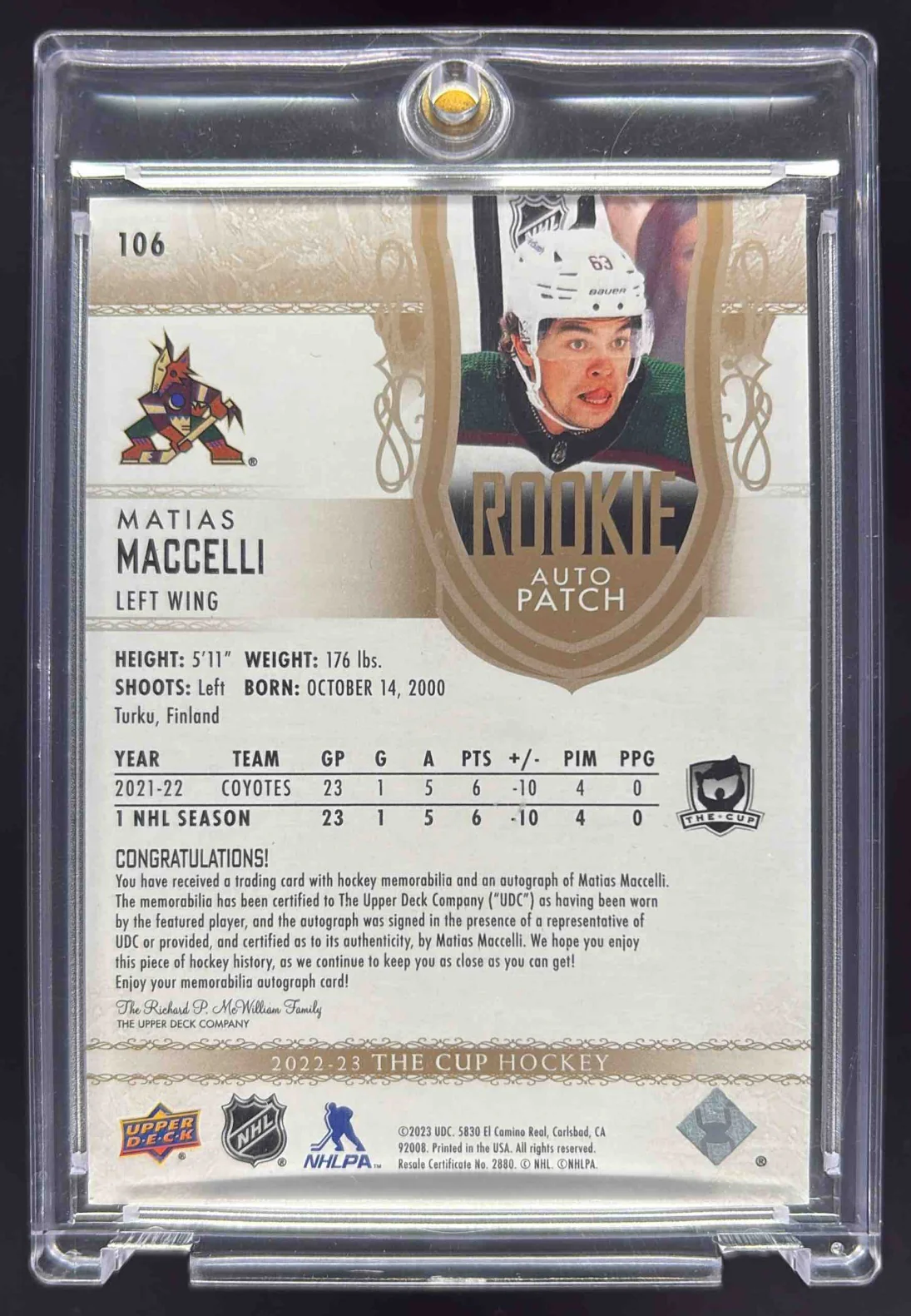 2022-23 Upper Deck The Cup Gold Foil Patch #106 Matias Maccelli RC /24 - Image 2