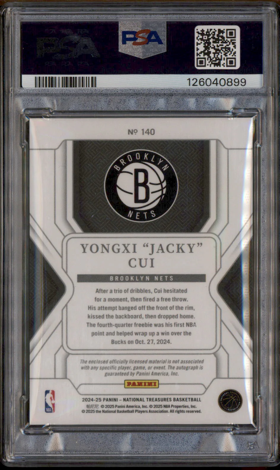 2024 National Treasures Rookie Patch Auto Gold Yongxi Jacky Cui RC /10 PSA 9 - Image 2