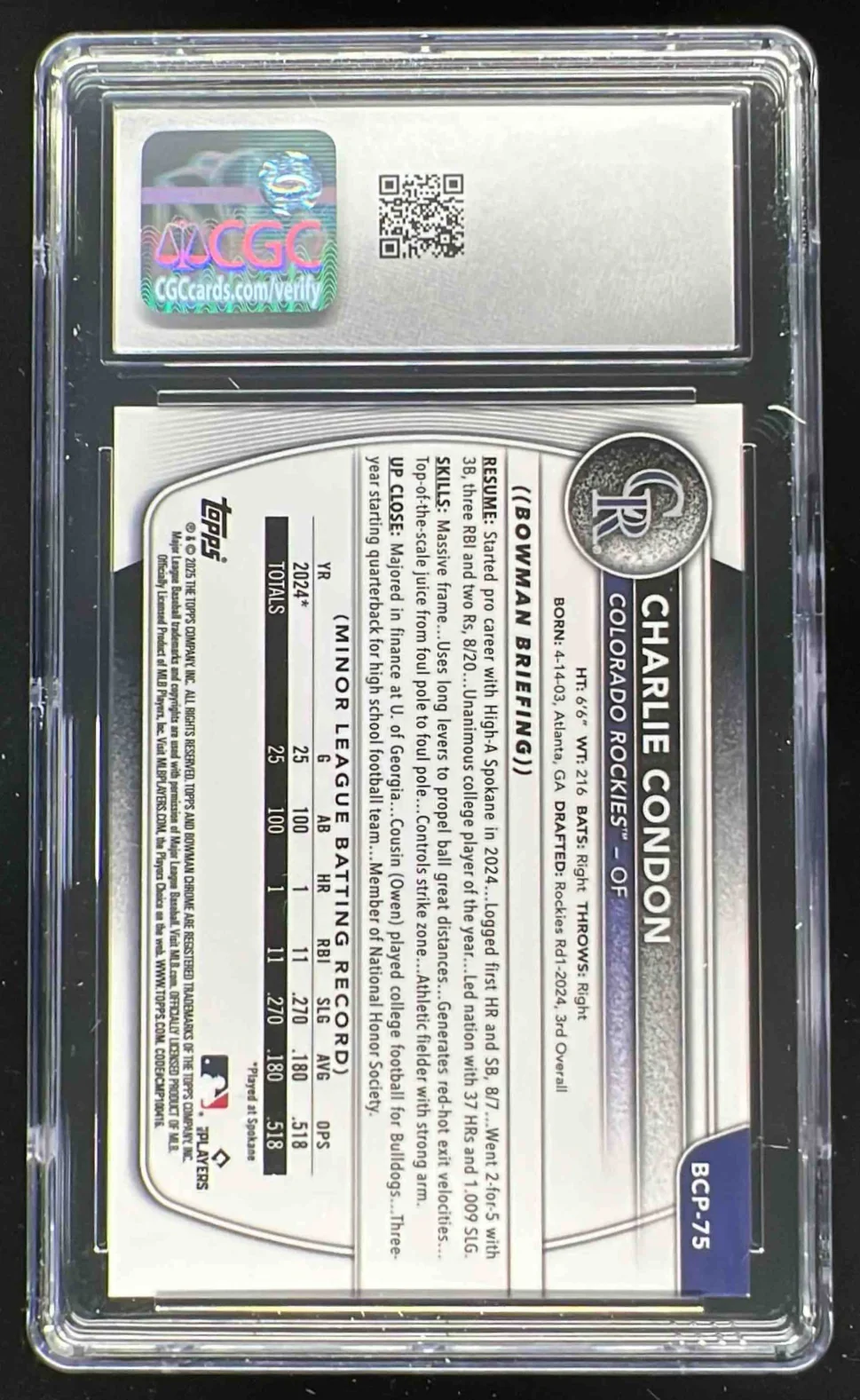 2025 Bowman Chrome Prospects Reptilian Gold #BCP-75 Charlie Condon RC /50 CGC 10 - Image 2