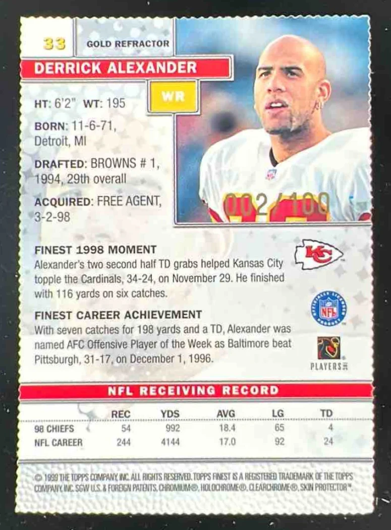 1999 Topps Finest Gold Refractors #33 Derrick Alexander /100 - Image 2