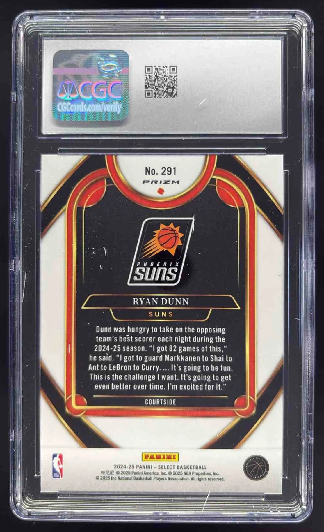 2024-25 Panini Select Courtside Zebra Prizm #291 Ryan Dunn RC CGC 10 - Image 2