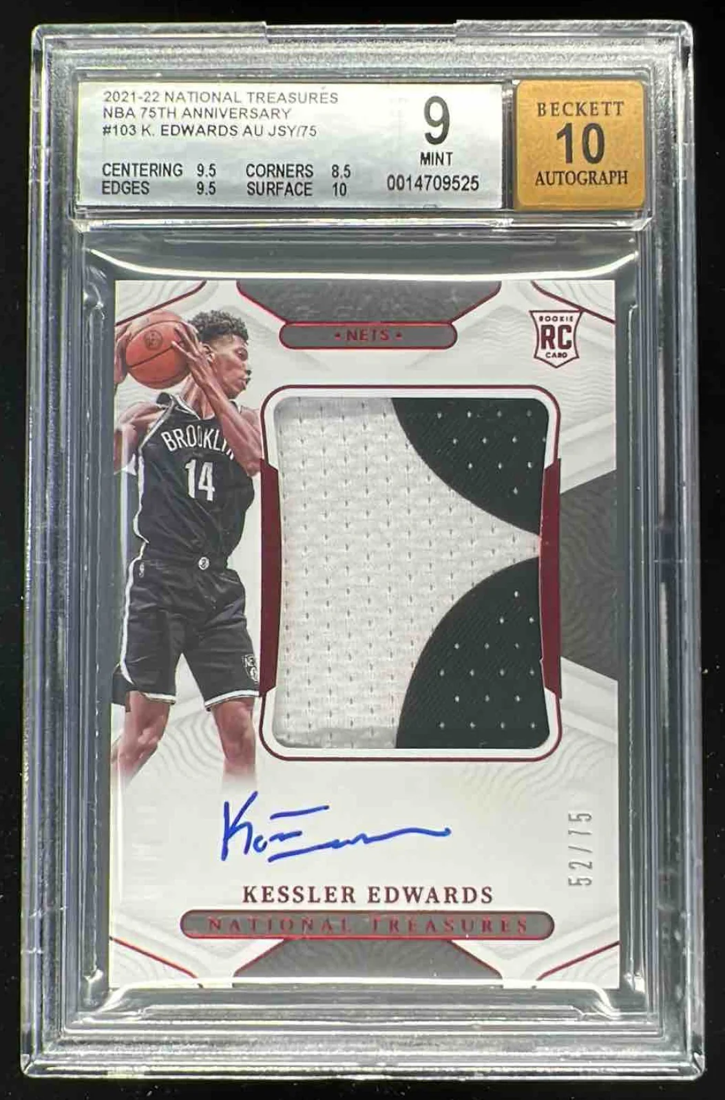 2021 National Treasures NBA 75th Anniversary Kessler Edwards RC Auto /75 BGS 9