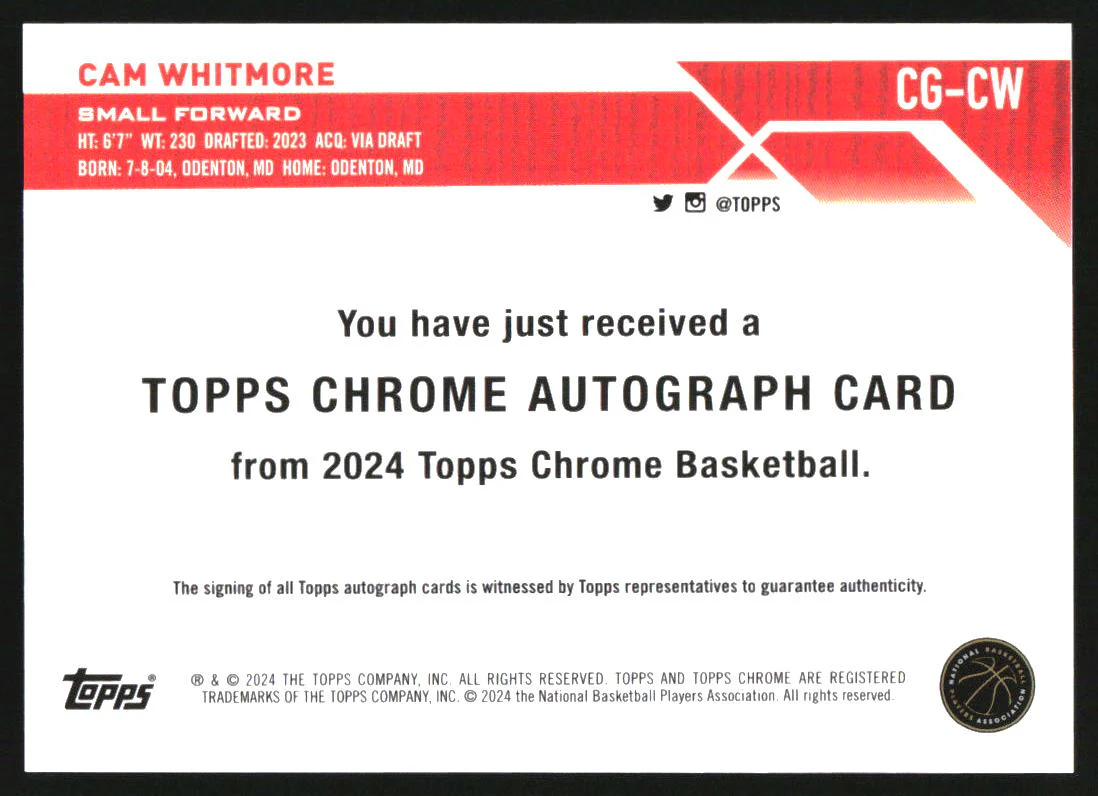 2023-24 Topps Chrome Rookie Autographs #CGCW Cam Whitmore RC Auto - Image 2
