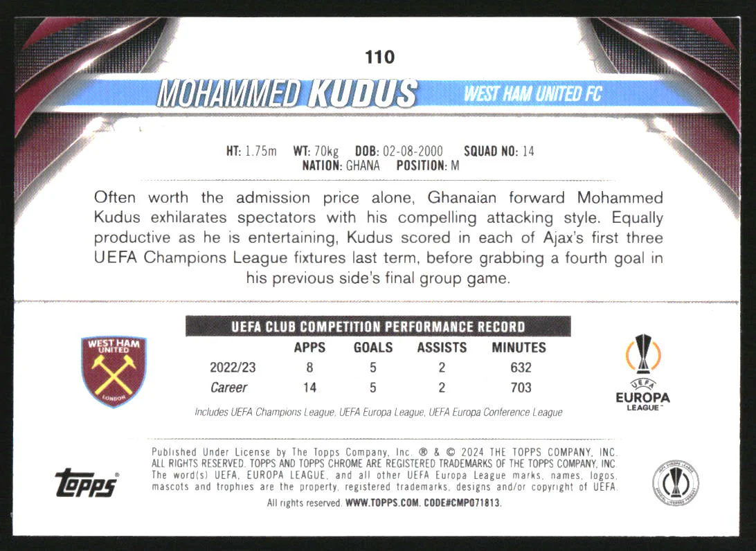 2023 Topps Chrome UEFA Club Competitions Geometic Gold #110 Mohammed Kudus /50 - Image 2