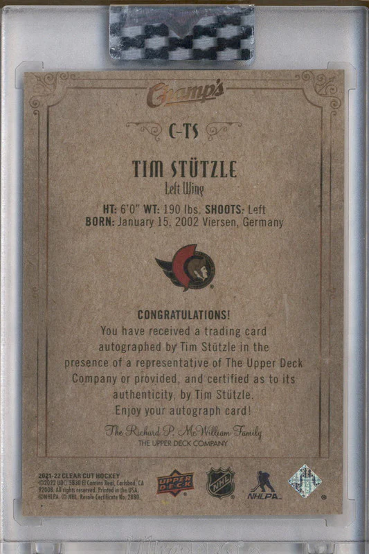 2021-22 Upper Deck Clear Cut Champs Autographs Green #CTS Tim Stutzle Auto /25 - Image 2