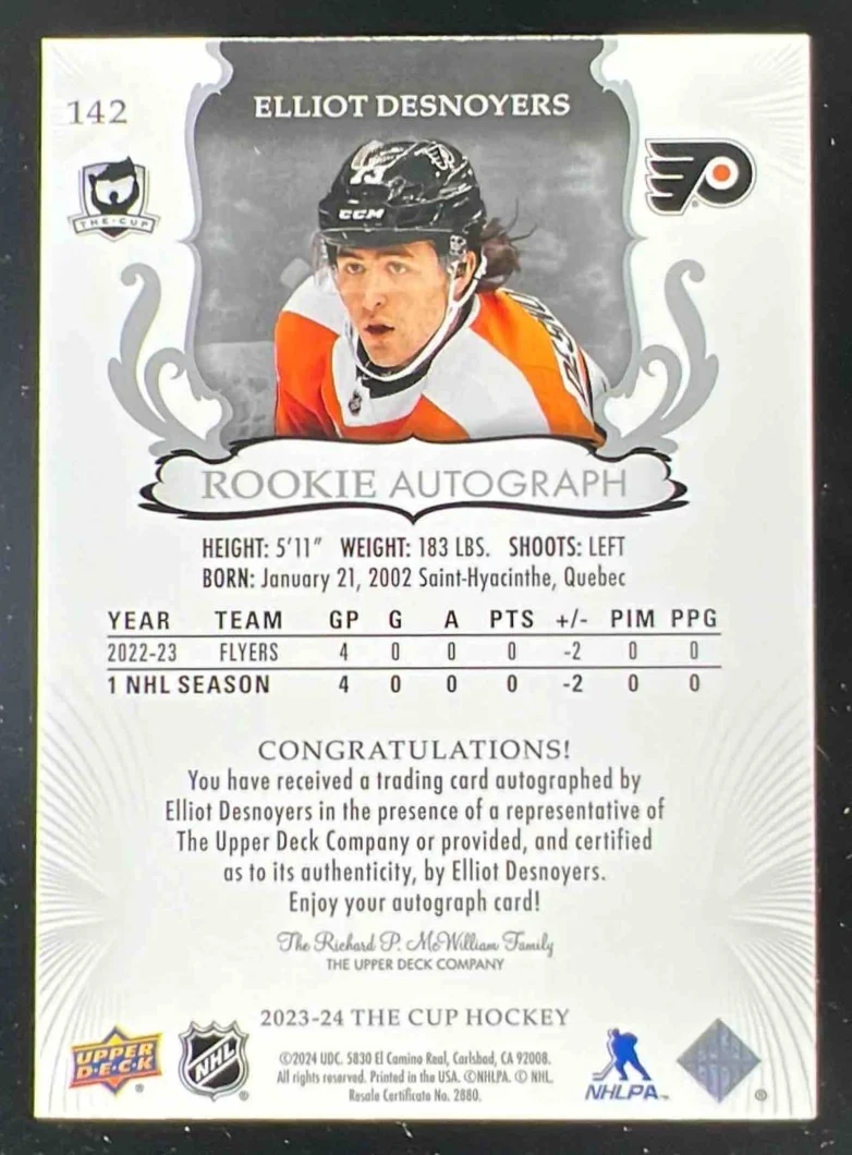 2023-24 The Cup Gold Spectrum Foil #142 Elliot Desnoyers Autograph RC Auto /36 - Image 2
