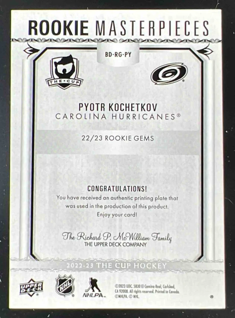 2022 The Cup Rookie Masterpieces Printing Plate Black Pyotr Kochetkov 1/1 - Image 2