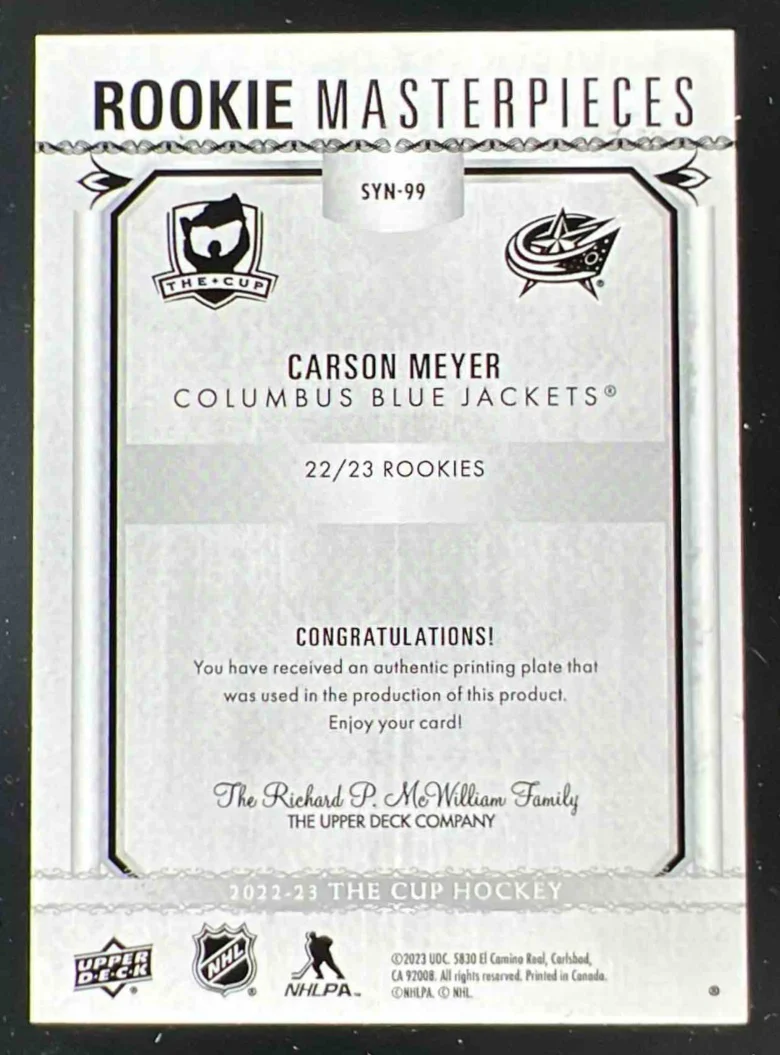 2022-23 The Cup Rookie Masterpieces Printing Plate Cyan Carson Meyer 1/1 - Image 2