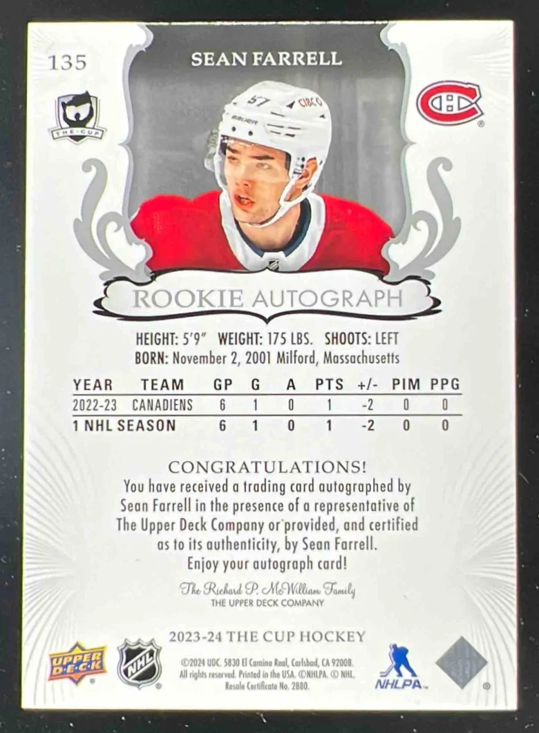 2023-24 The Cup Gold Spectrum Foil #135 Sean Farrell Autograph RC Auto /36 - Image 2