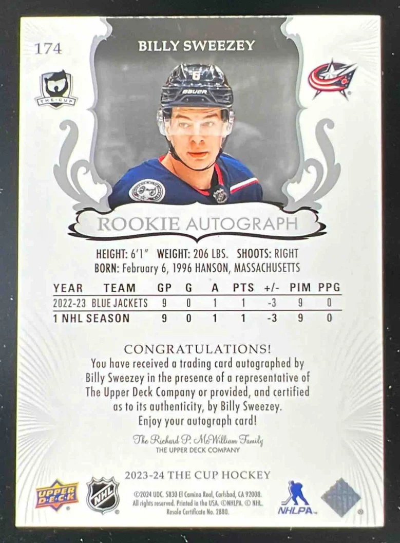 2023-24 The Cup Gold Spectrum Foil #174 Billy Sweezey Autograph RC Auto /36 - Image 2