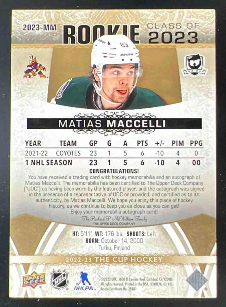 2023-24 The Cup Rookie Class of Gold Foil Auto Patch Matias Maccelli Auto /10 - Image 2