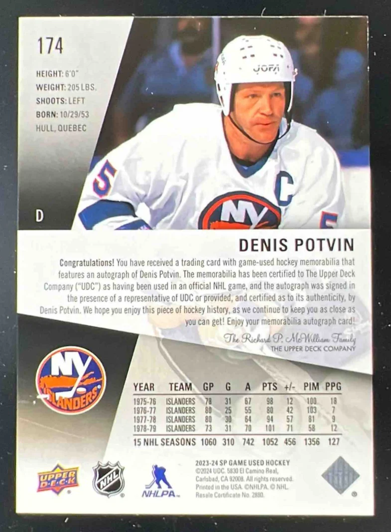 2023-24 Upper Deck SP Game Used Auto Premium Material Denis Potvin Auto /5 - Image 2