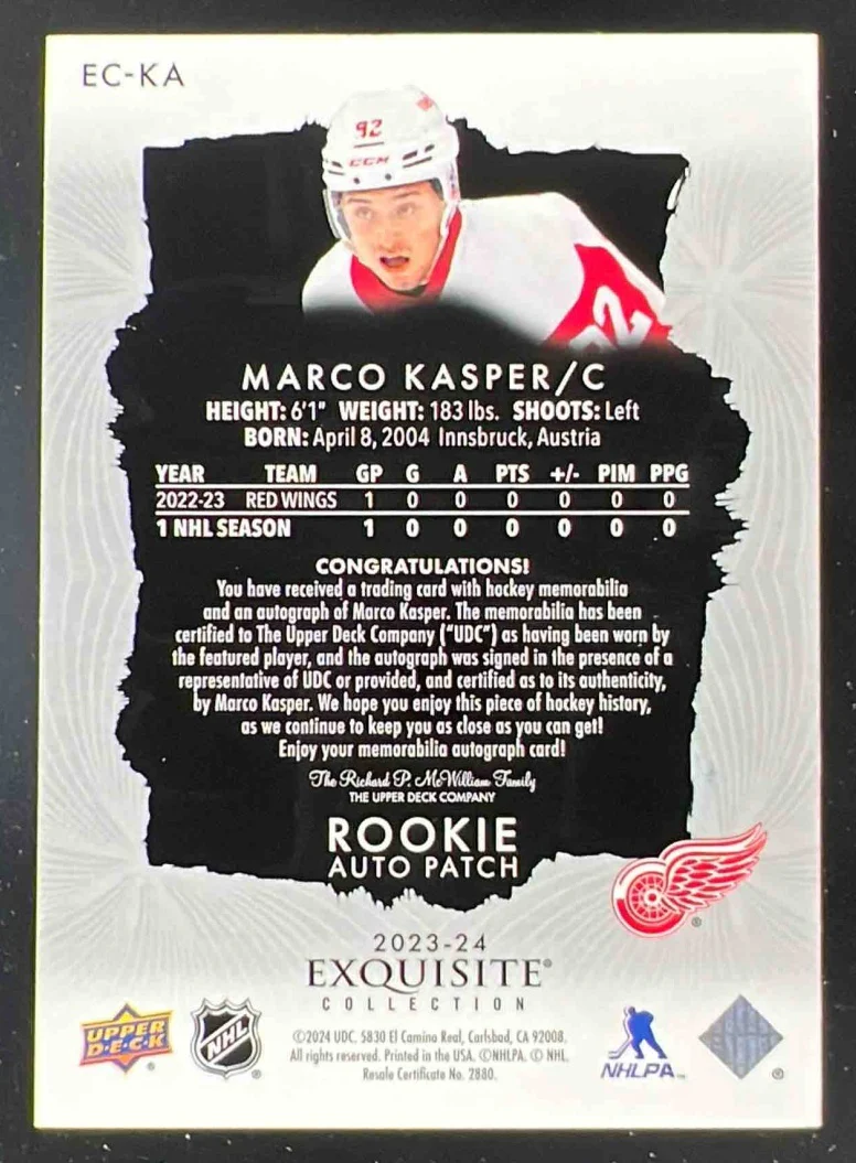 2023-24 The Cup Rookie Auto Patch #EC-KA Marco Kasper Autograph Auto /92 - Image 2